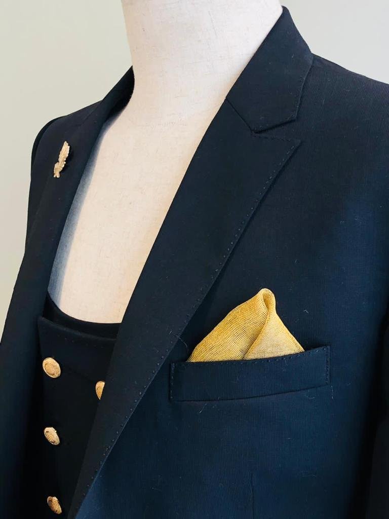 Handcrafted Detail: Pick-Stitched Lapels, Pure Silk Pocket Square & Gold Buttons
