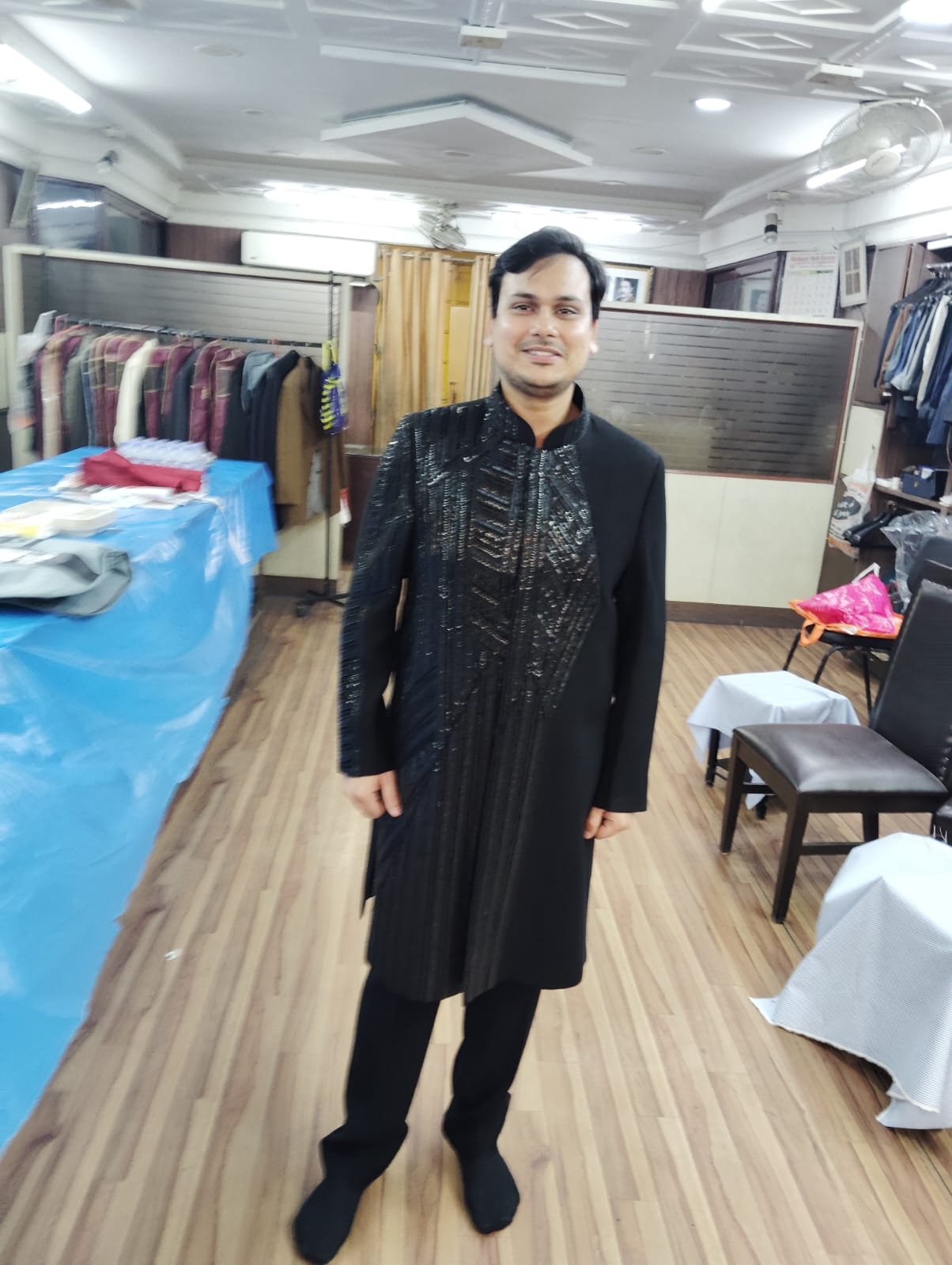Designer Black Shimmer Geometric Indo-Western Sherwani Client Fitting