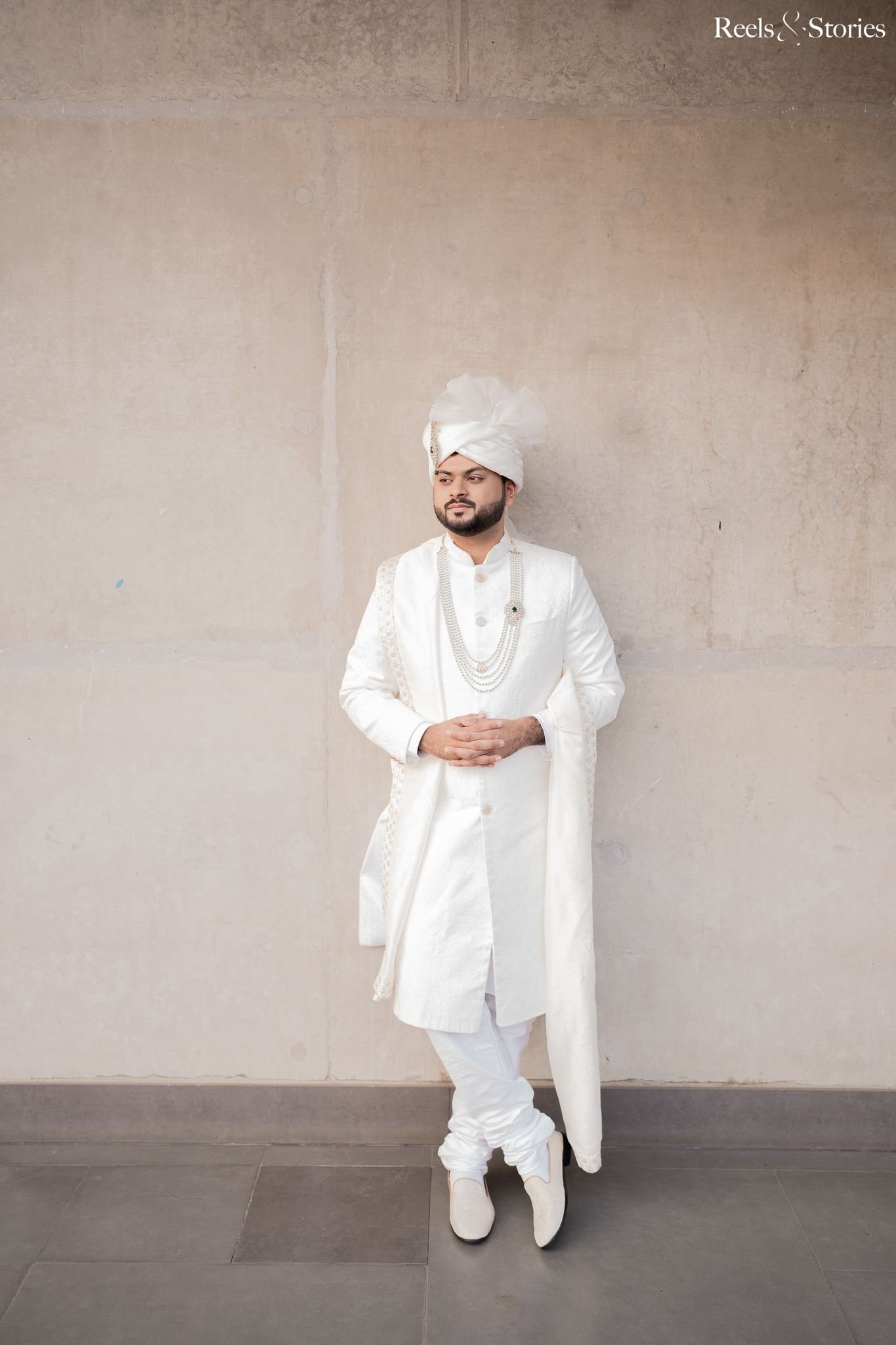 Full-Length Royal Groom Sherwani with Handcrafted Stole & Mojris